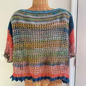 Crochet Boho Women’s XL Sweater Pullover Mesh Stripes Color Block Short Sleeve